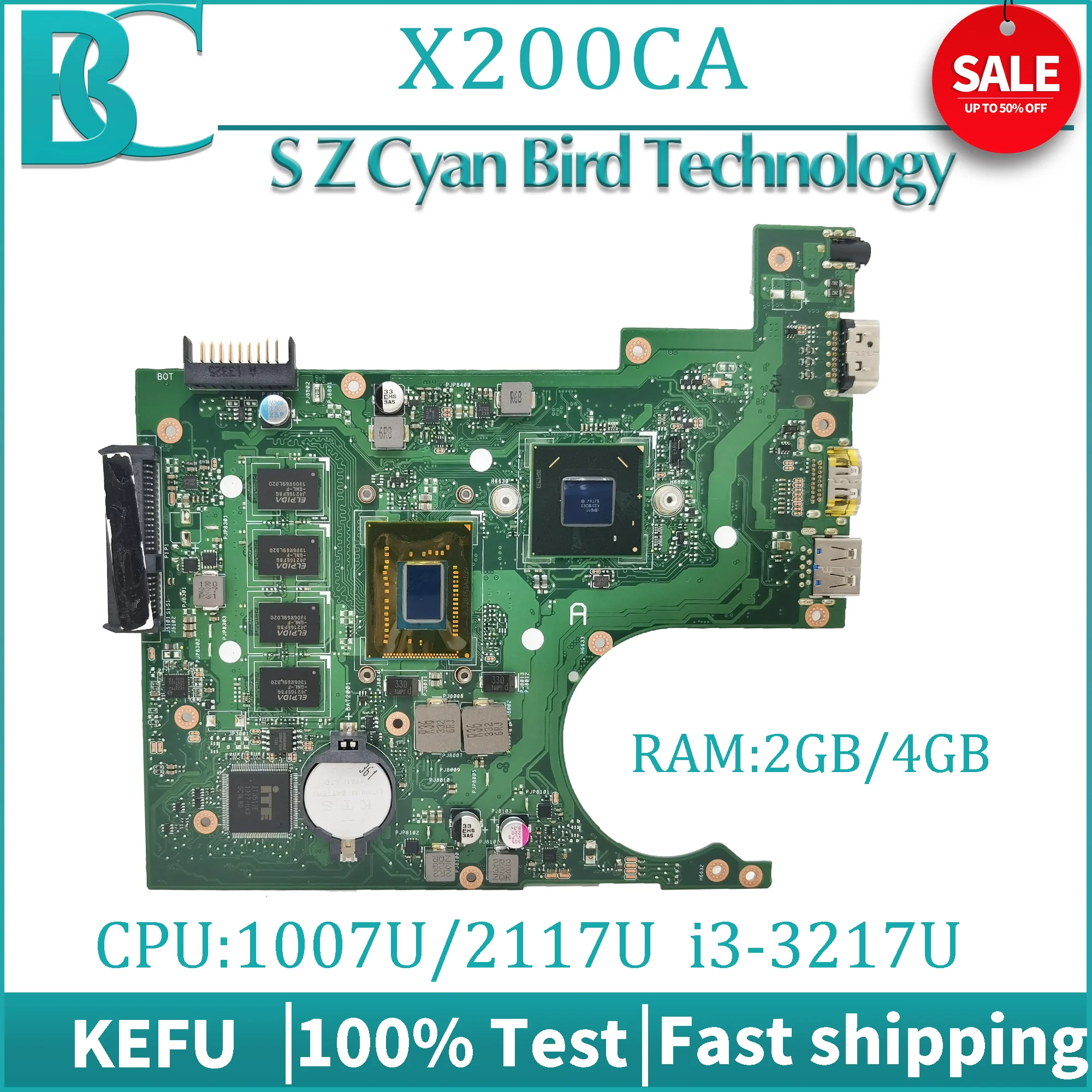 KEFU X200C Mainboard For ASUS Vivobook F200CA X200CA Laptop Motherboard 1007U/2117U I3-3217U 2G/4G-RAM Maintherboard