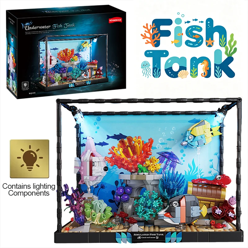 Marine Aquarium Cube - 海洋生物水槽ビルディングブロックライト付き 3D 水族館サンゴモデルタコクラゲ組み立てレンガおもちゃ大人のギフト