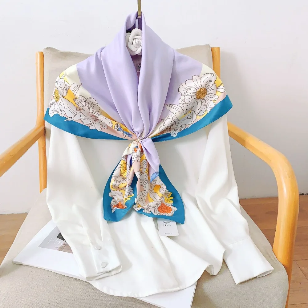 

90Cm new silk scarf women's Korean versatile square scarf fashion style temperament decorative flower headscarf shawl