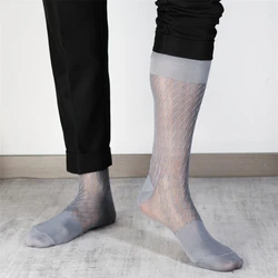 Men's Long Socks Business Nylon Striped Breathable Soft Elastic Classic Gray Formal Wear Dress Stockings Gentleman Mid Tube Sock