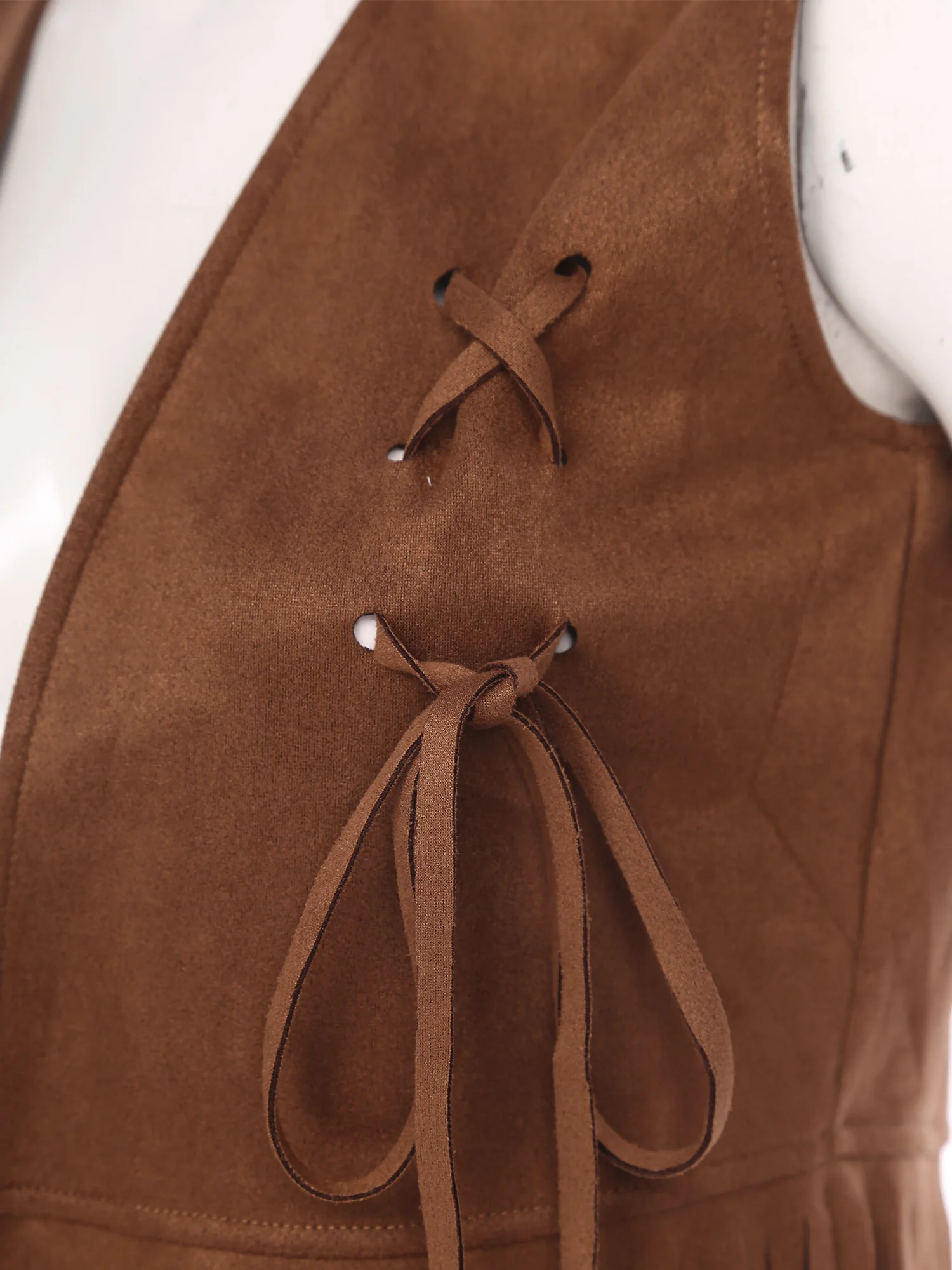 

Women 70s Hippie Cowgirls Cosplay Costumes Crop Tank Top Brown Color Waistcoat Open Front Tying Decor Tassel Trim Cardigan Vest