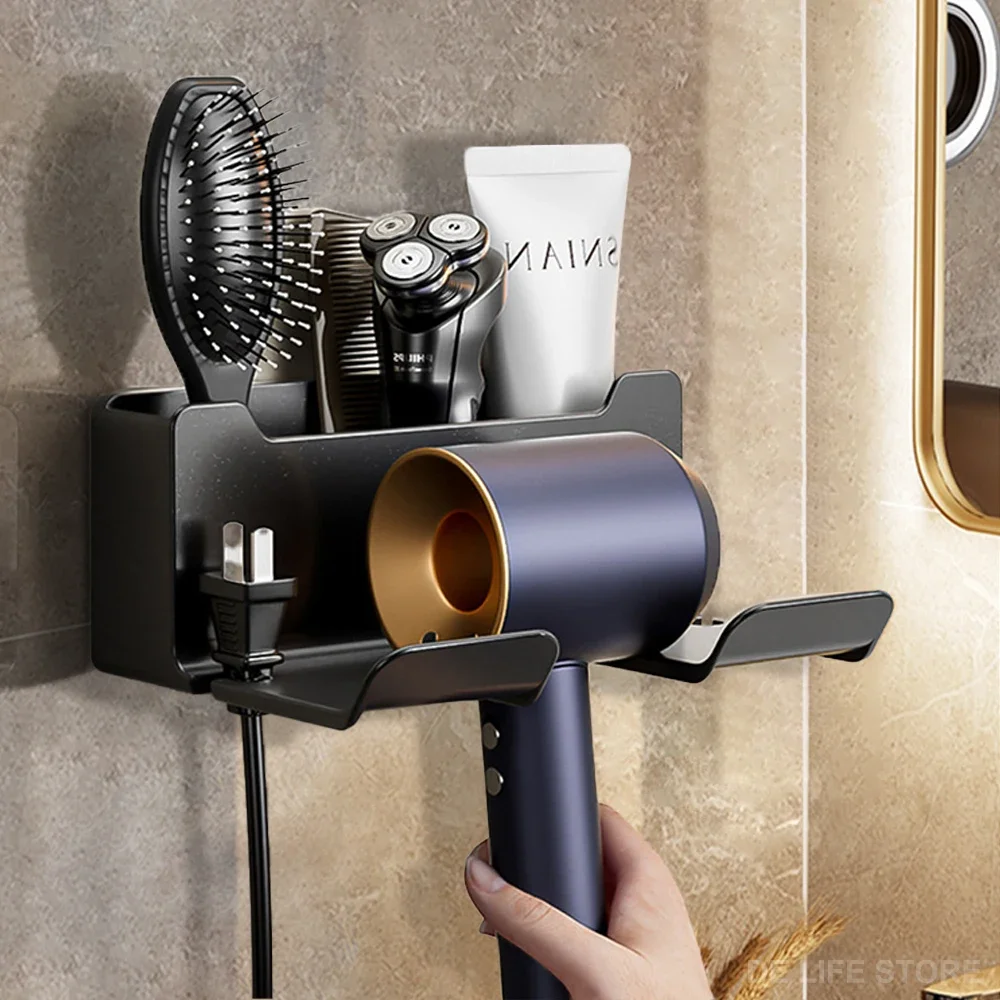 

Wall Mounted Hair Dryer Holder For Bathroom Shelf without Drilling Plastic Hair dryer stand Bathroom Organizer