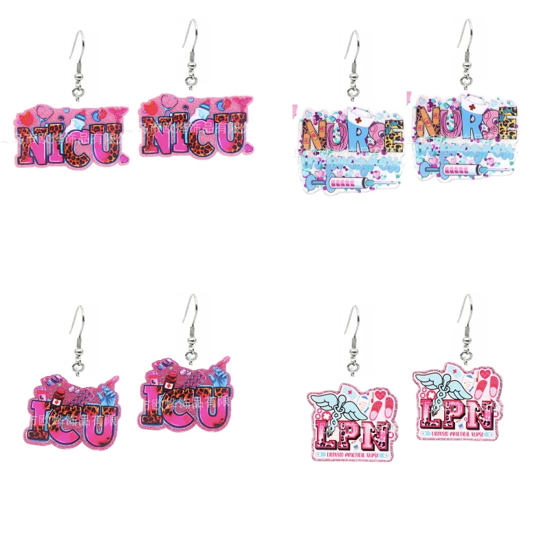 1 Pair Glitter Nurse NICU ICU LPN Acrylic Drop Earrings For Women Flat Back Syringe Charms Jewelry Hospital Workers Gift