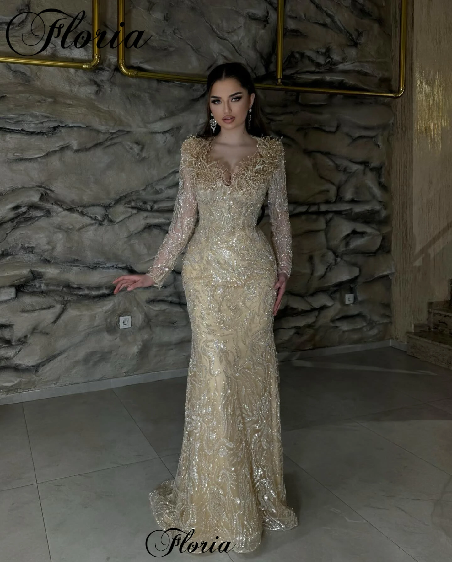 Two Pieces Champagne Evening Dresses With Detachable Train Long Sleeves Wedding Party Dresses Mermaid Vestidos De Gala Gowns