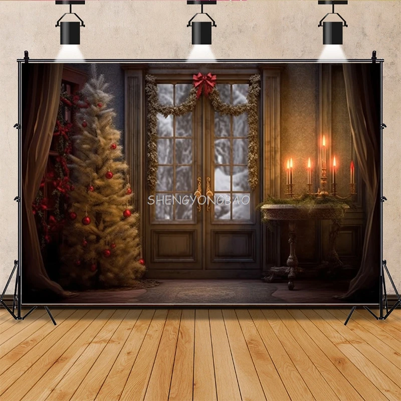 

Vinyl Custom Christmas Day Photography Backdrops Living Room Ornament Green Door Wreath Photo Studio Background Props QS-48