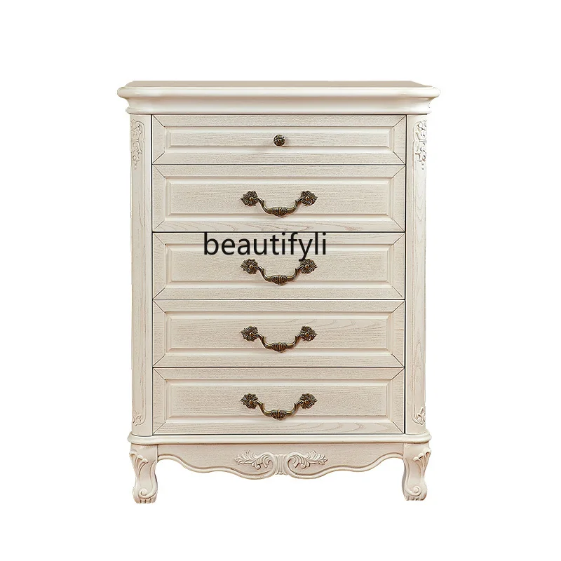 

European-Style Solid Wood Chest of Drawers White Pastoral Style Furniture Elegant Antique White Living Room Furniture