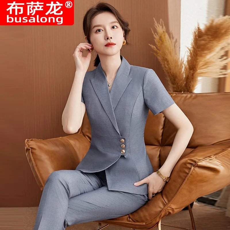 

Gray Suit Professional Outfit for Women Summer Beauty Salon Jewelry Store Hotel Manager Front Desk Workwear Elegant Work Uniform