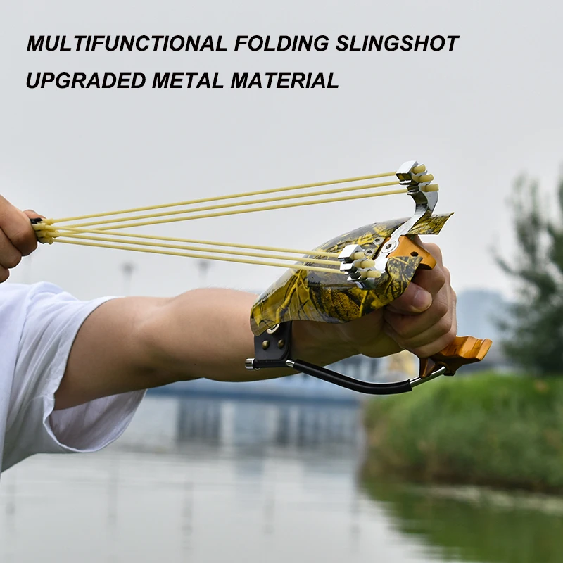 

Gold Alloy Camouflage Foldable Slingshot Multi-purpose Fish Shooting and Hunting Dual-use Sling With Guard Wrist Rest