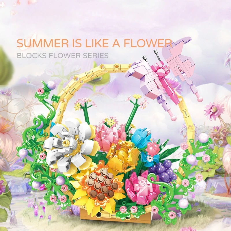 บล็อกตัวต่อขนาดเล็ก รูปกระเช้าดอกไม้ลอยน้ำ ของเล่นประกอบสร้างสรรค์ สำหรับตกแต่งบ้านและโต๊ะทำงาน