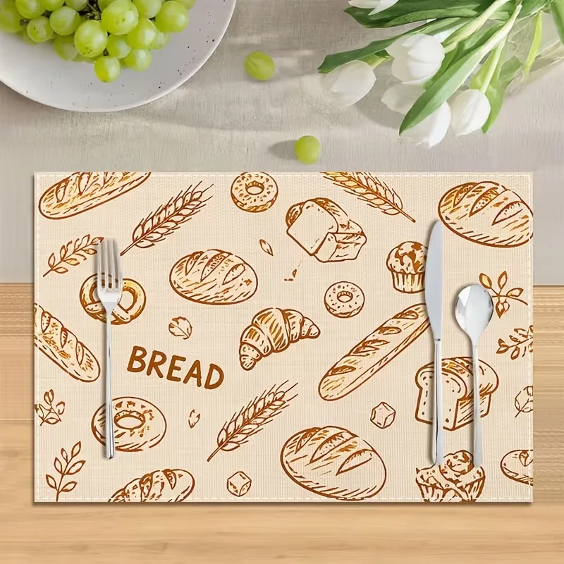 Vintage Hand‑drawn Bread Croissant Wheat Printed Table Mat Farmhouse Kitchen Decorative Placemat for Dining Table Indoor Home