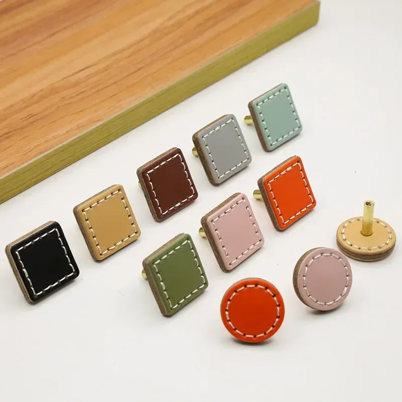 Hand sewn leather buckle color single-hole cabinet door Shoe cabinet Bedside cabinet drawer leather handle Round square handle