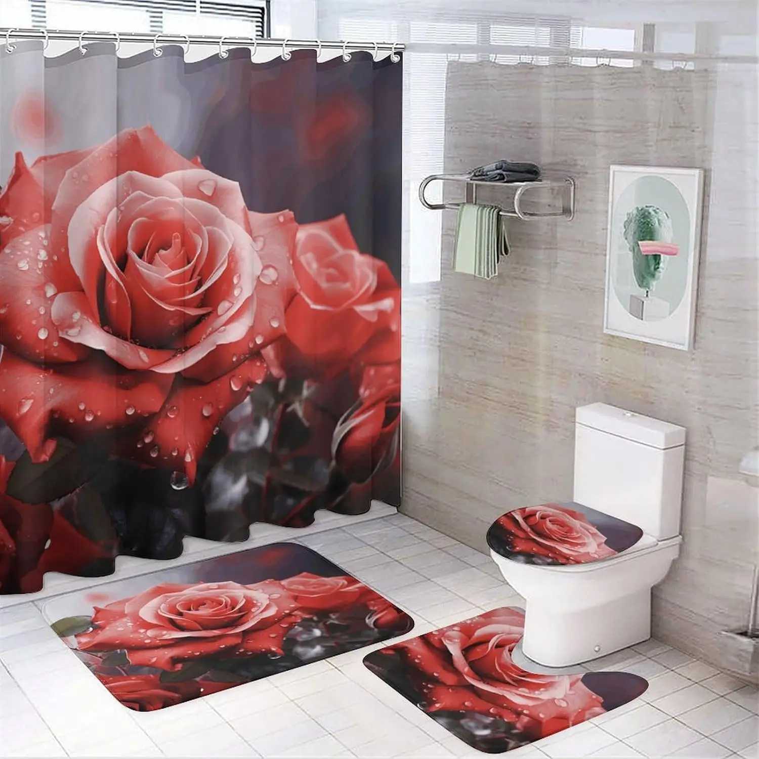 

Bathroom Set, Roses Flower Printed Bathroom Set,Bathroom Set 4-Piece Set,Bathroom Set with Shower Curtain and Carpet