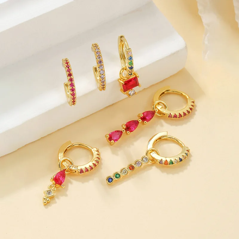 Luxury Rose Red Zircon Stainless Steel Water Drop Hoop Earring For Women 18K Gold Plated Huggie Women\'s Jewelry pendientes mujer