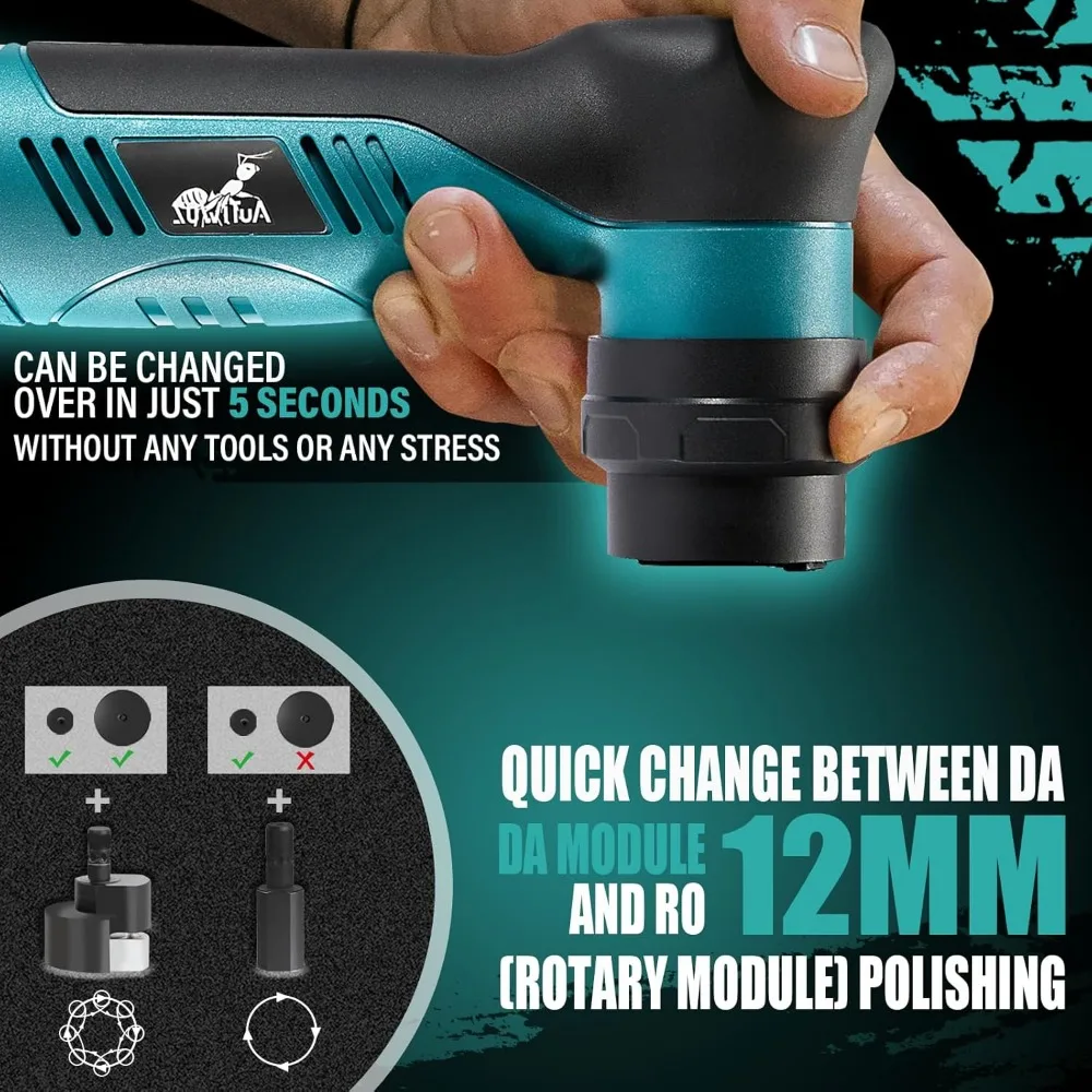 Pemoles Mobil Mini Tanpa Kabel, 6 Kecepatan Mode Ganda, Orbital & Rotary 12mm, 2 Baterai untuk Pemolesan & Penghilangan Goresan