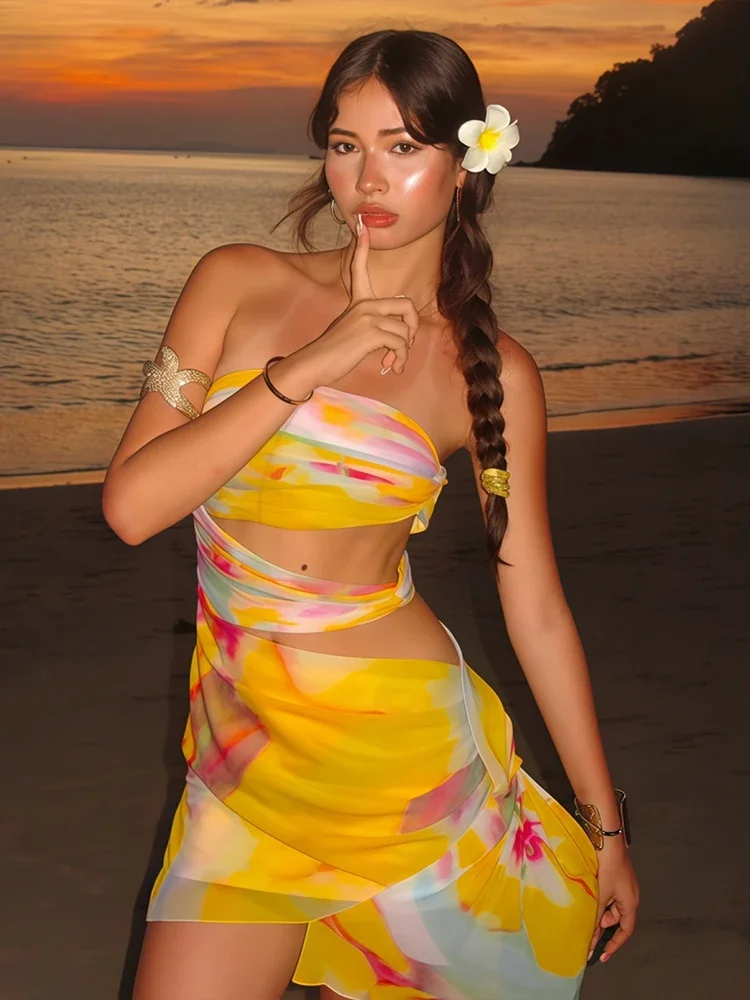 Tie Dye Print Women Mini Dress Colorful Stacked Pleated Strapless Hollow Waistless Irregular Vestidos Female Holiday Frock