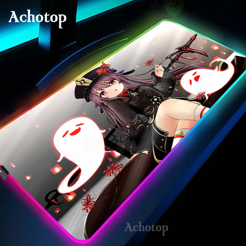 HU TAO Genshin Auswirkungen 80x30cm Computer Gaming Mouse Pad RGB PC Laptop Gamer Mauspad Anime Antislip Große LED Teppich Matte Backlit