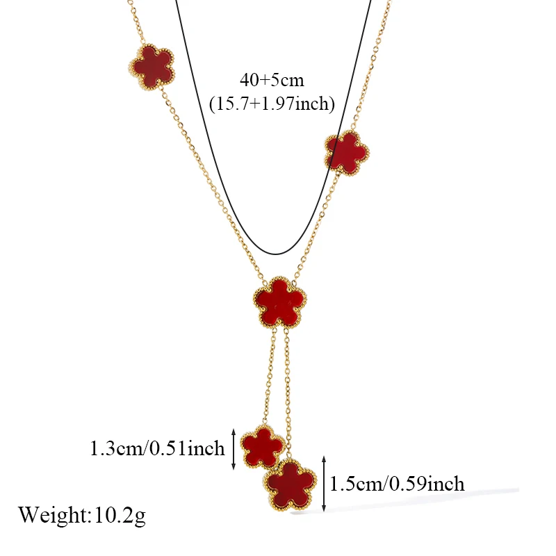 GANEMLY 316L Stainless Steel Red Clover Set Earrings Necklace Bracelet Holiday Gifts Women Double Sided Flower Fashion Jewelry