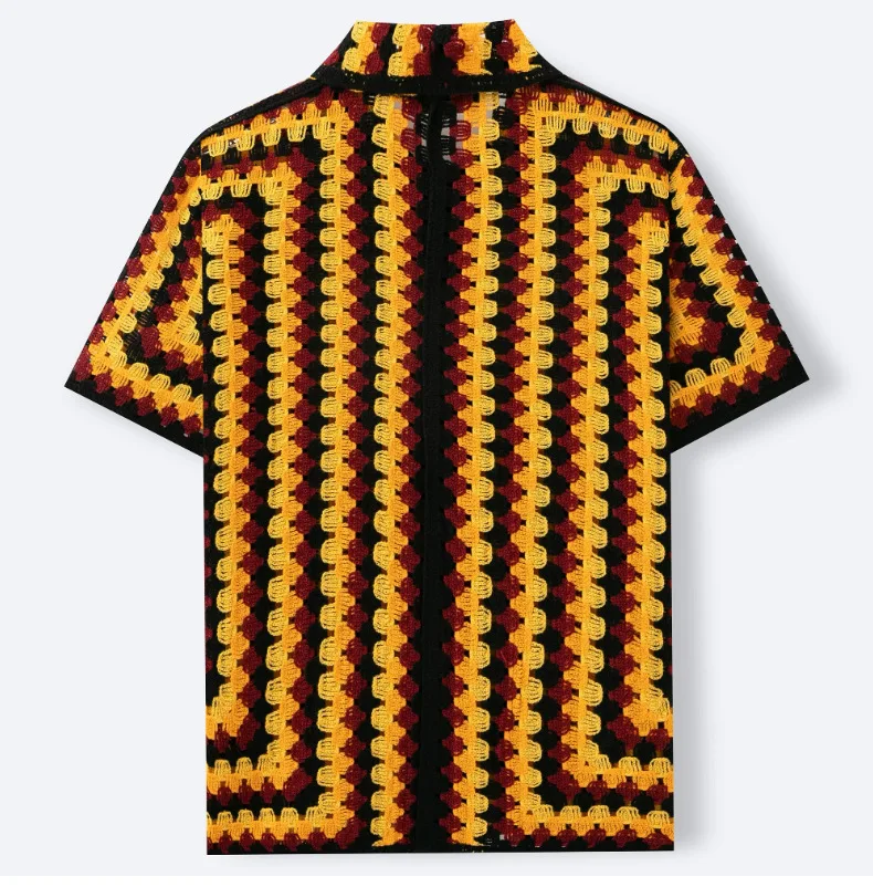 Pakaian Pria Sweter Rajutan Bergaris Retro Eropa dan Amerika Kemeja POLO Kardigan Larut Dalam Air Berongga Seksi