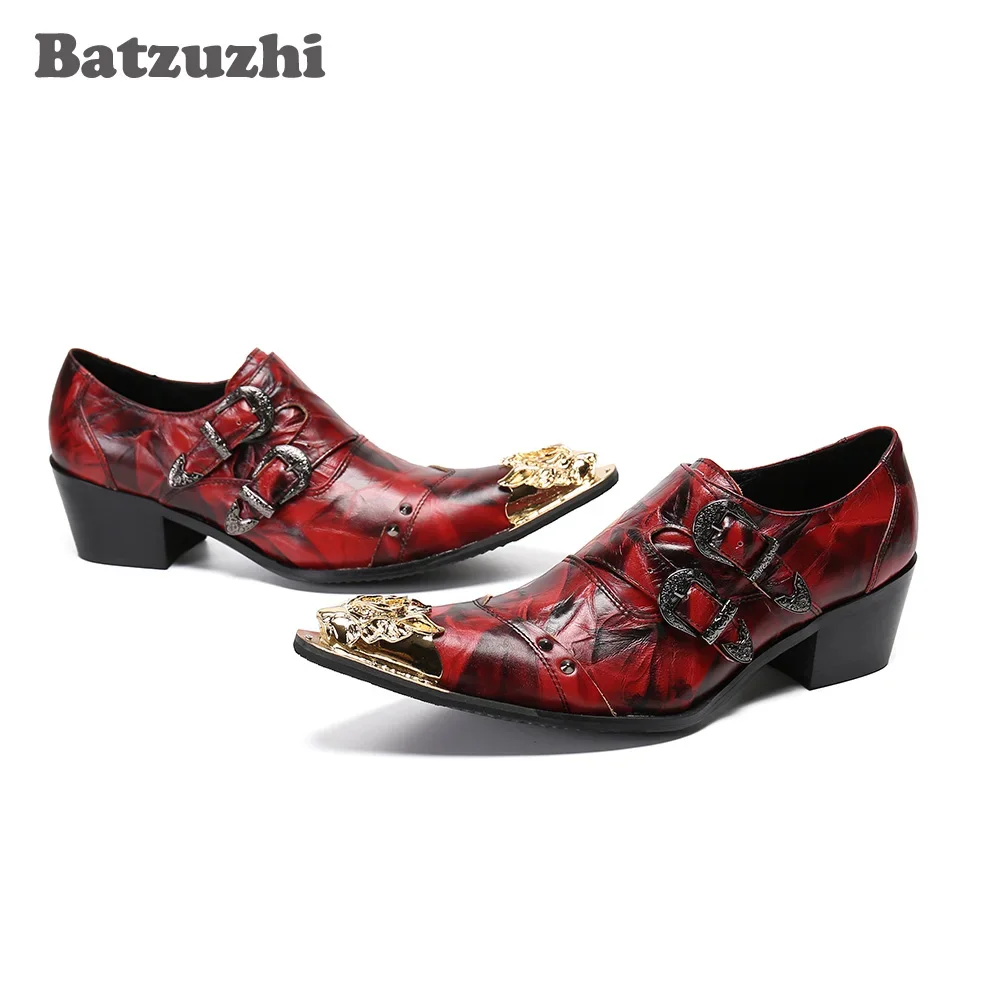 

Batzuzhi Red Leather Dress Shoes Men Fashion Men Shoes Golden Metal Toe Punk Party Leather Shoes for Men Wedding, Big Size US12