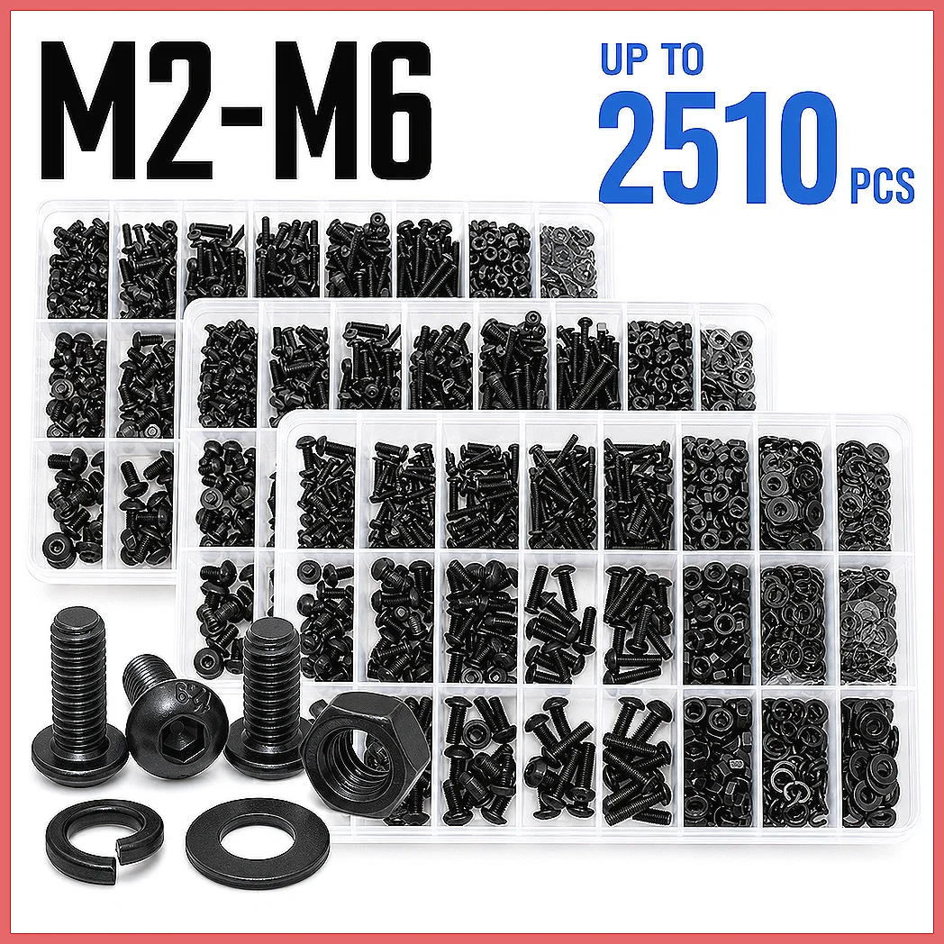 M2 M2.5 M3 M4 M5 M6 Hex Socket Button Head Screw Kit 2510p Black 10.9 Grade Allen Bolts with Nuts Washers ISO7380 Assortment