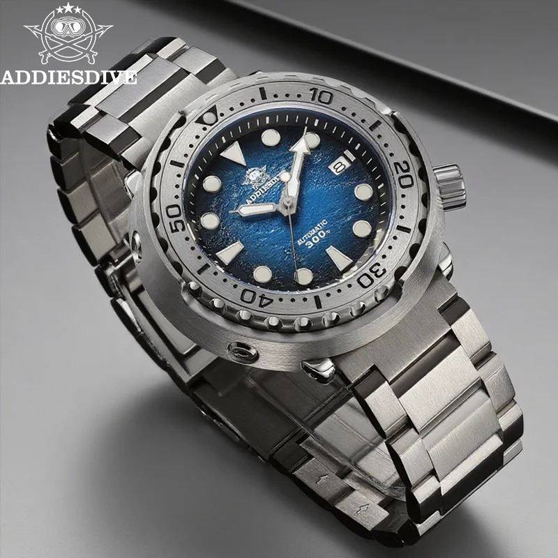 Addiesdive relógio mecânico de cristal de safira nh35 ar revestido bgw9 relógios masculinos super luminosos 300m à prova dwaterproof água relógio mergulhador de atum