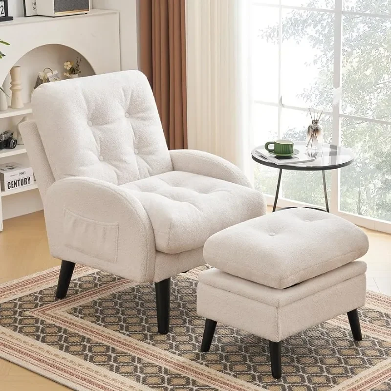 

Accent Chair with Ottoman, Teddy Fabric Comfy Chair and Storage Ottoman Set,Reading Chair with Adjustable Backrest