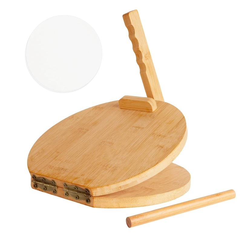 AT35 Wooden Tortilla Press 10 Inches Wood Tortilla Press Maker, With Rolling Pin & 50 Pcs Parchment Paper, For Homemade