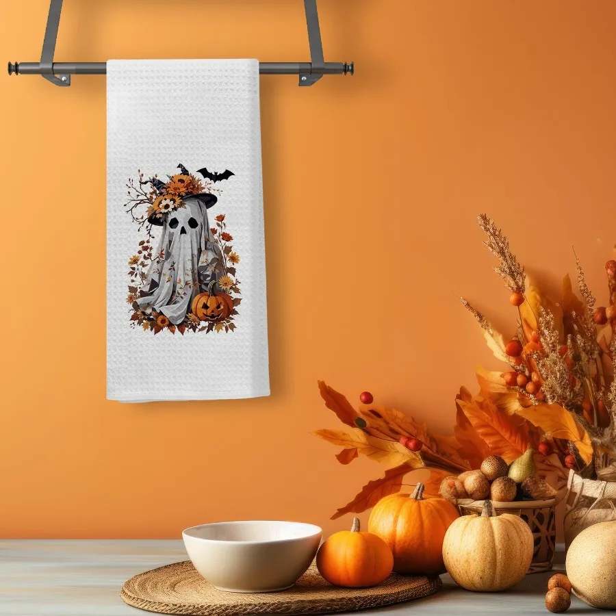 هالوين المطبخ والحمام المناشف الخريف الأزهار شبح اليقطين الزخرفية طبق اليد فوط شاي 16x24 Ihes