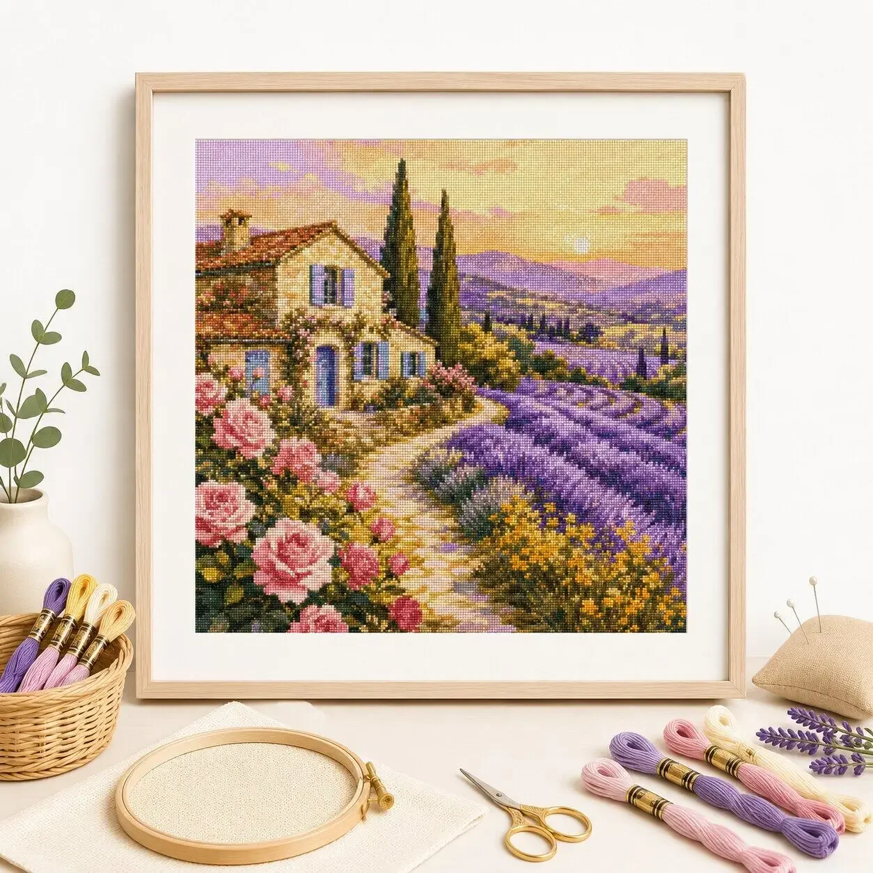 [ZZ9040-Sunset Lavender Cabin] 11CT 14CT 16CT DIY Stamped Cross Stitch Kit with Printed Canvas and Cotton Threads Embroidery