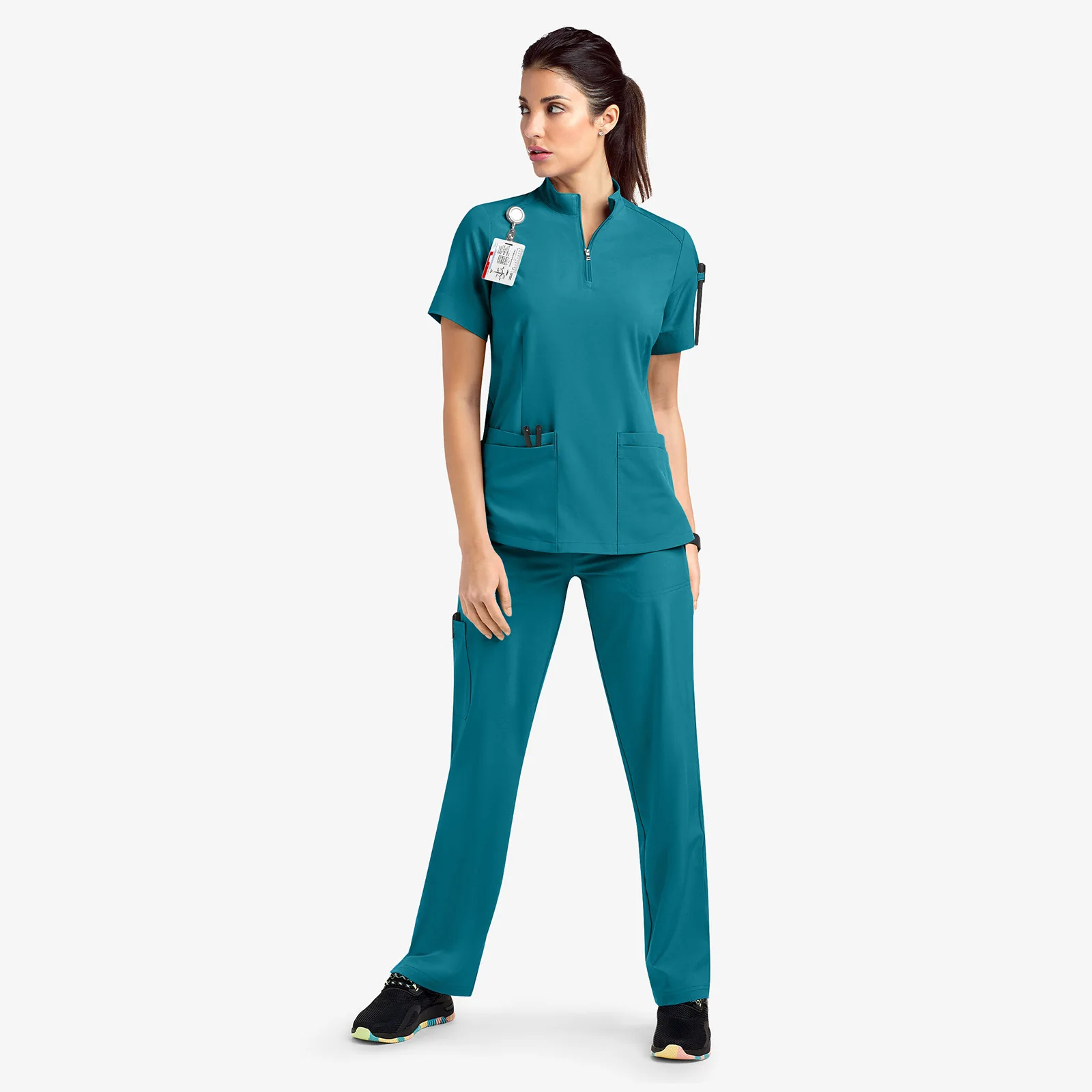 Nuova Infermiera Donna Casual Abbigliamento a maniche corte Top Farmacia Lavoro Medico Ospedale Medico Uniforme infermieristica Colletto rialzato Cerniera