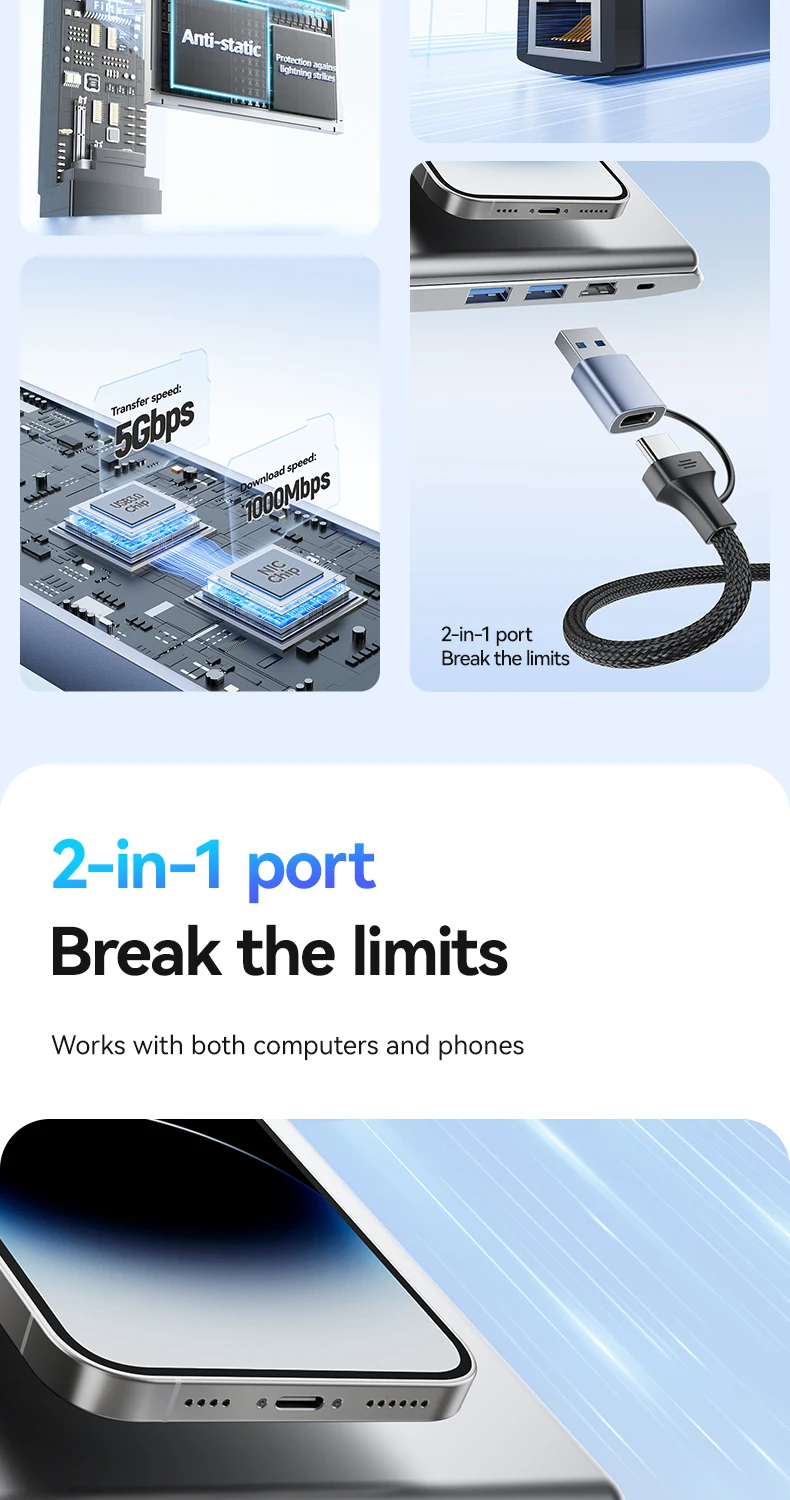 FDBRO 1000Mbps USB/USB-C Ethernet LAN-Adapter 3-Port USB3.0-Hub Dockingstation USB3.0-Hub zu RJ45 Gigabit-Netzwerkkarte für PC – Detail 5