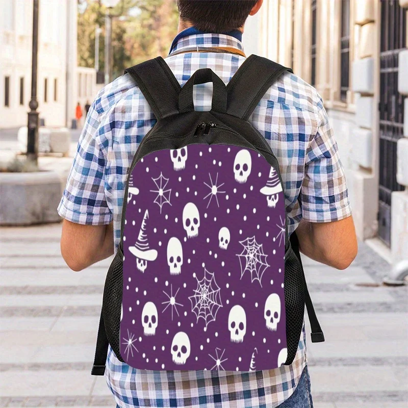 

2D flat print backpack, Halloween-themed durable zipper design, adjustable shoulder straps, zipper closure