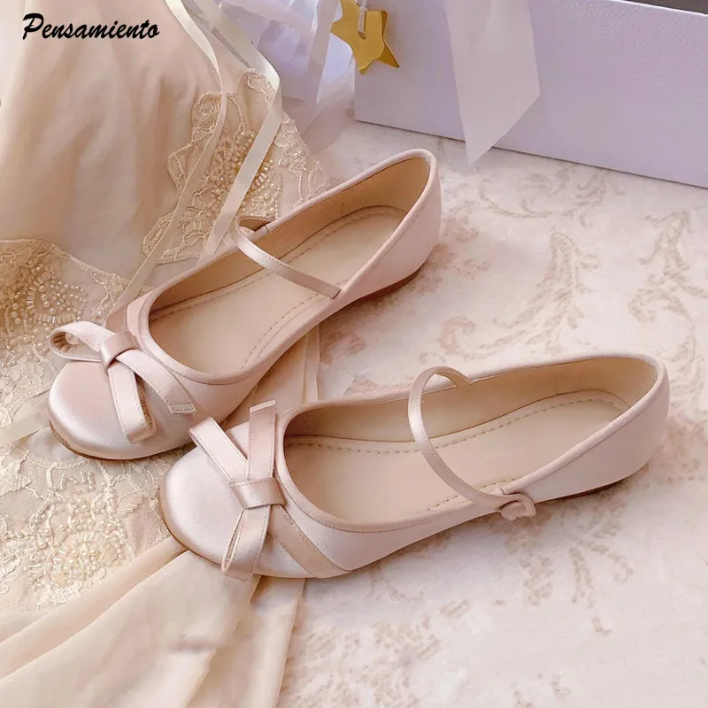 

Fashion Satin Bowknot Mary Janes Women Ballet Flats Spring Autumn Comfortable Shallow Strap Buckle Lolita Girls Dance Shoes