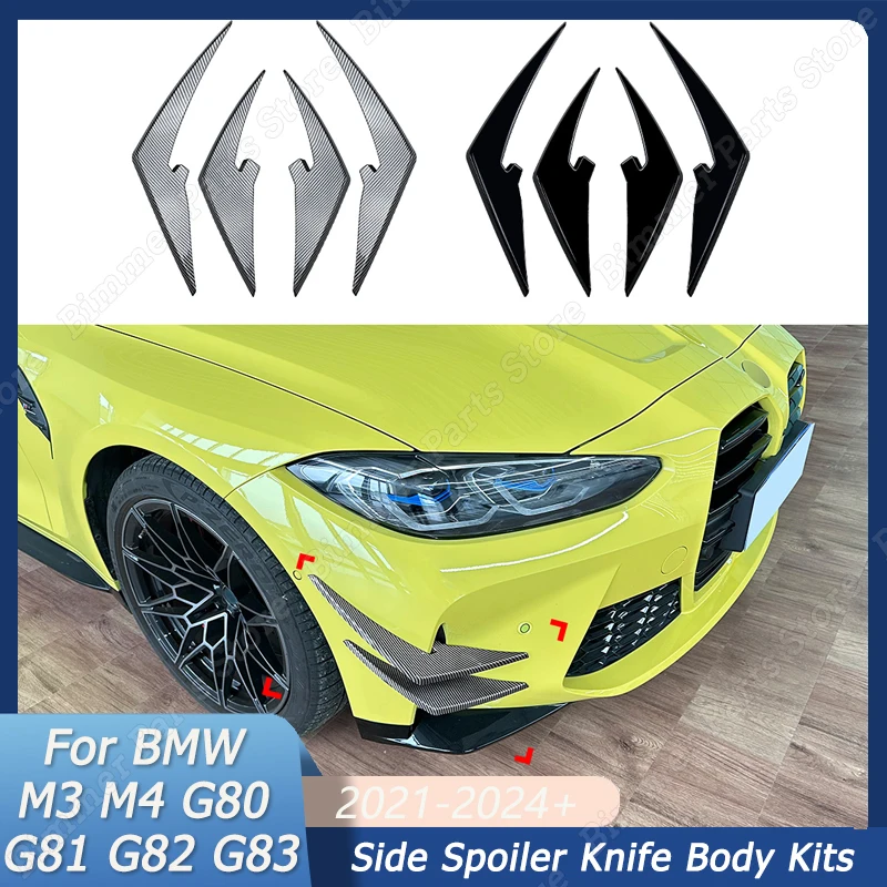 Front Bumper Side Splitter Tuning Gloss Black Air Vent Wind Knife Body Kits Blade Trim For BMW M3 M4 G80 G81 G82 G83 2021-2024+