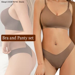 Women's Ice Silk Seamless Bra and Panty Set Sexy Thong Underwear Comfortable Non-padded Wire-free Bra Large Size Thong Set