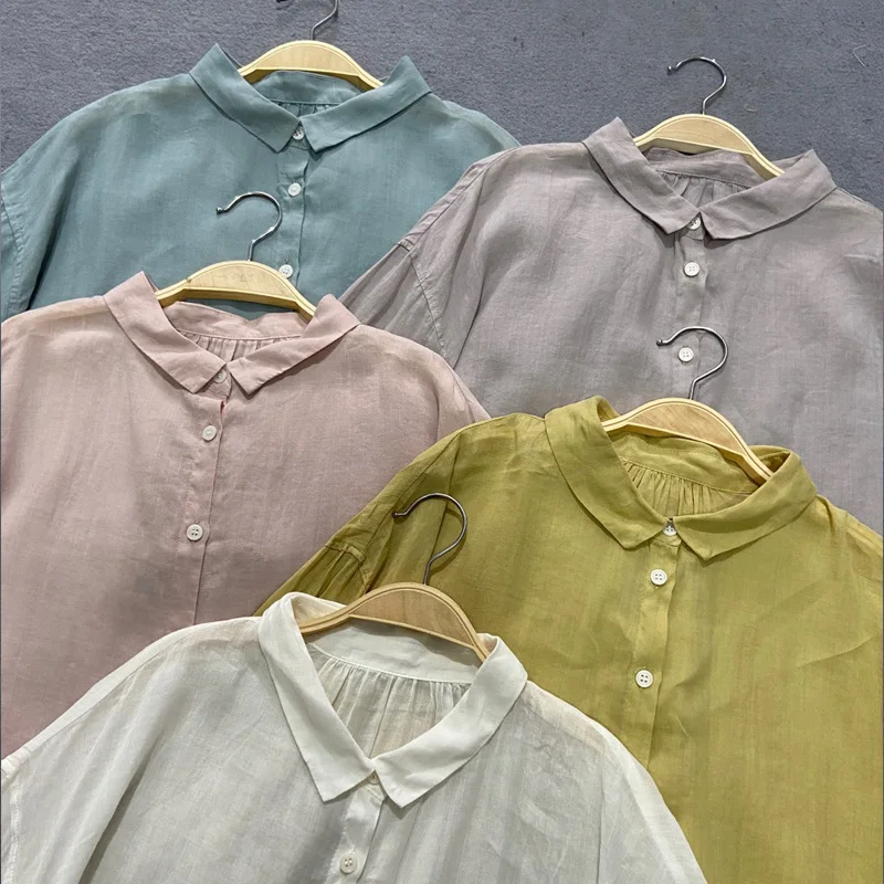 Johnature New Vintage Linen Women Shirts 2024 Summer 5 Colors Button Loose Thin Sunscreen Female Blouses