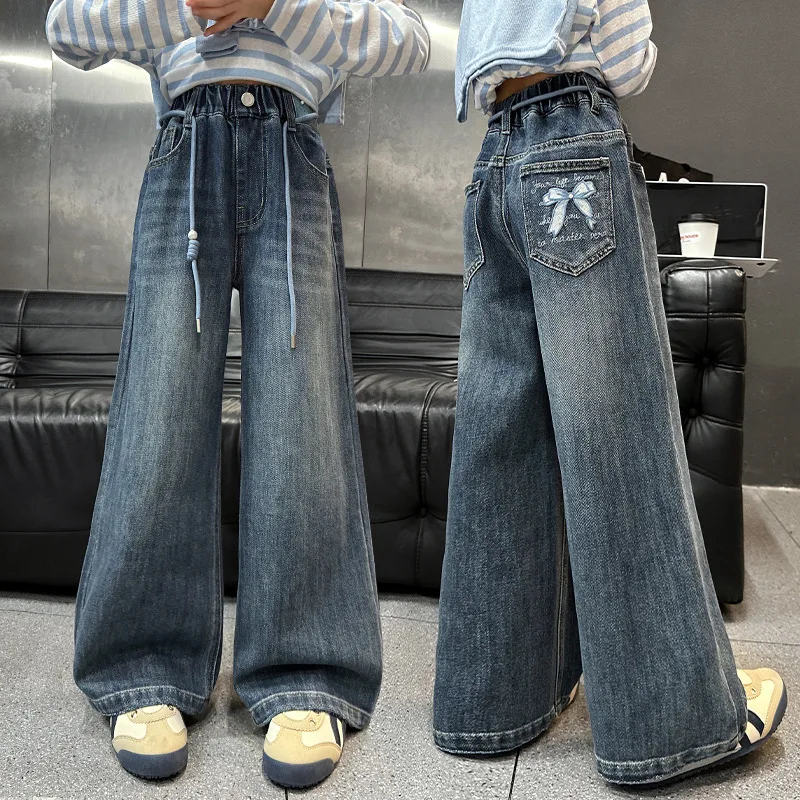 

Girls Autumn Fashion Jeans with Back Pocket bow Print Children's Loose Wide Leg Denim Pants Floor-Length Trousers for Big Kids