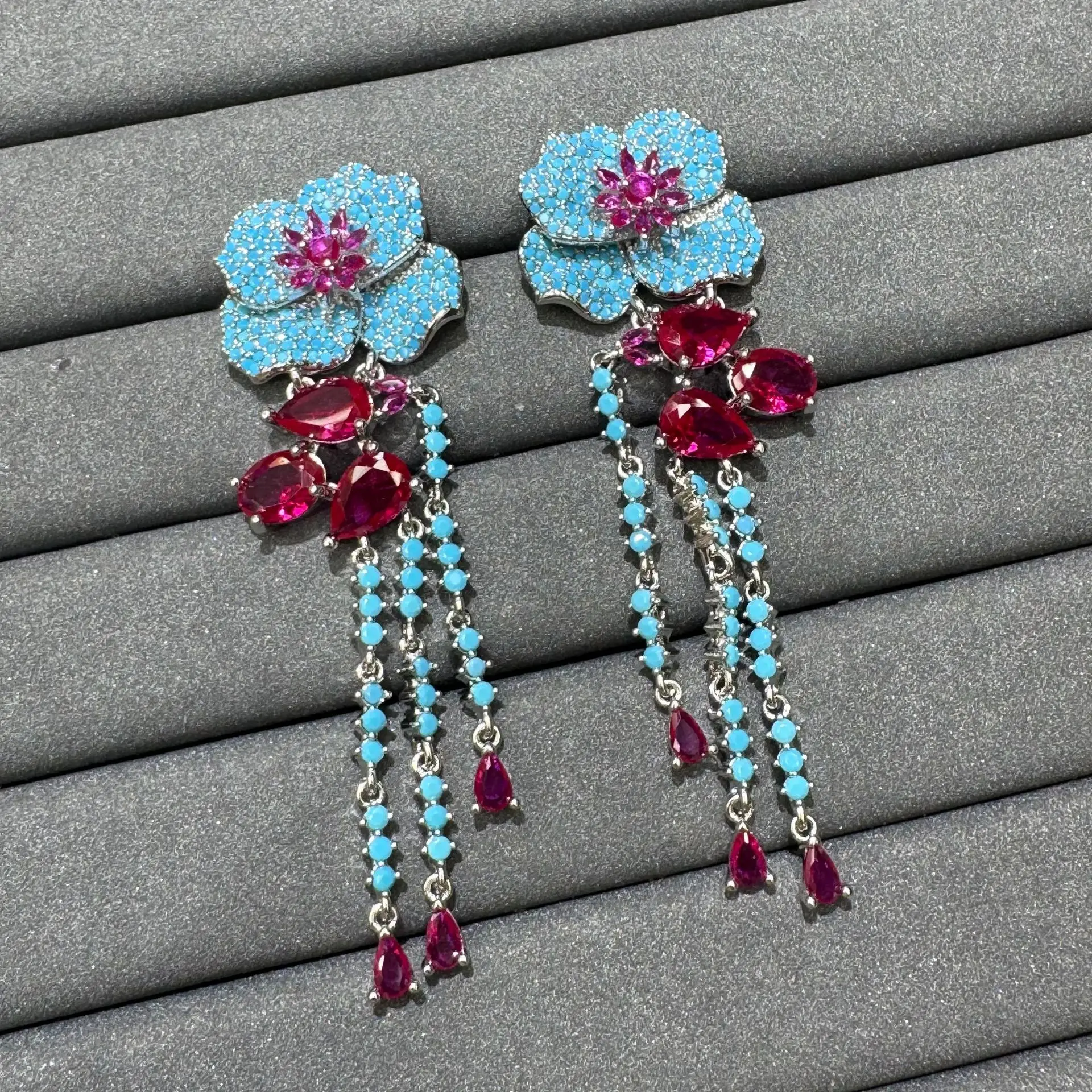 

Gorgeous zirconia earrings for women jewelry gala event dinner party long tassel dangling earrings flower blue green yellow