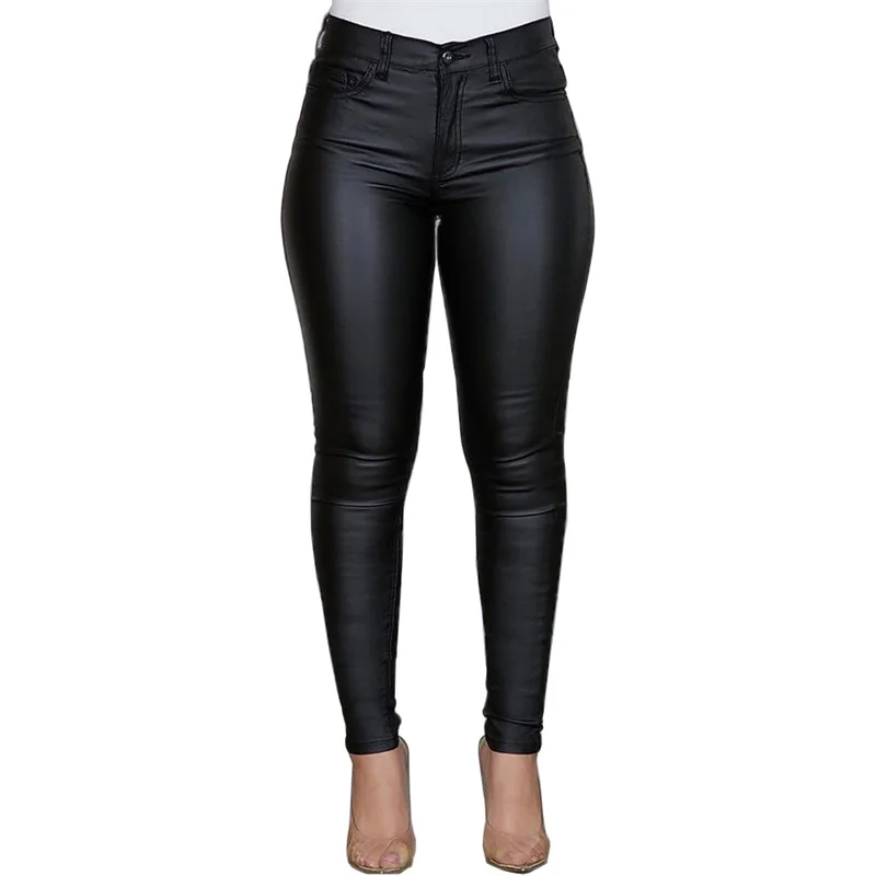 Fashion Solid Color PU Leather Pants Women Slim Fit Pencil Trousers Female Casual Commuter High Waist Button Splicing Trous 2024