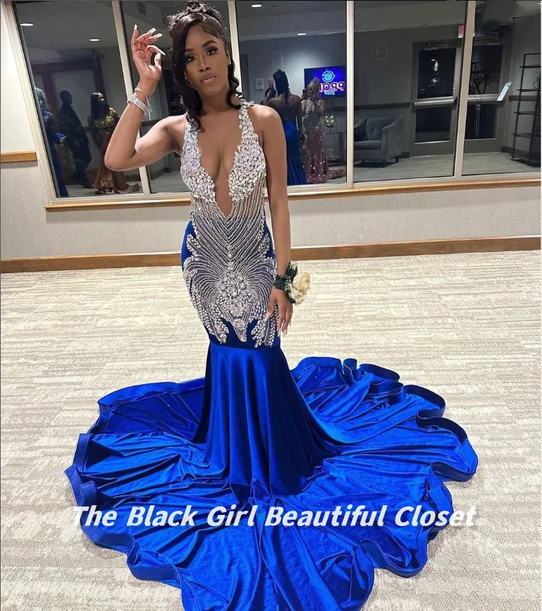 High Luxury Deep Blue Evening Gowns Black Girls Deep v Fishtail Hem Dresses Glitter Diamonds Beaded Sequins Sexy Prom Dresses