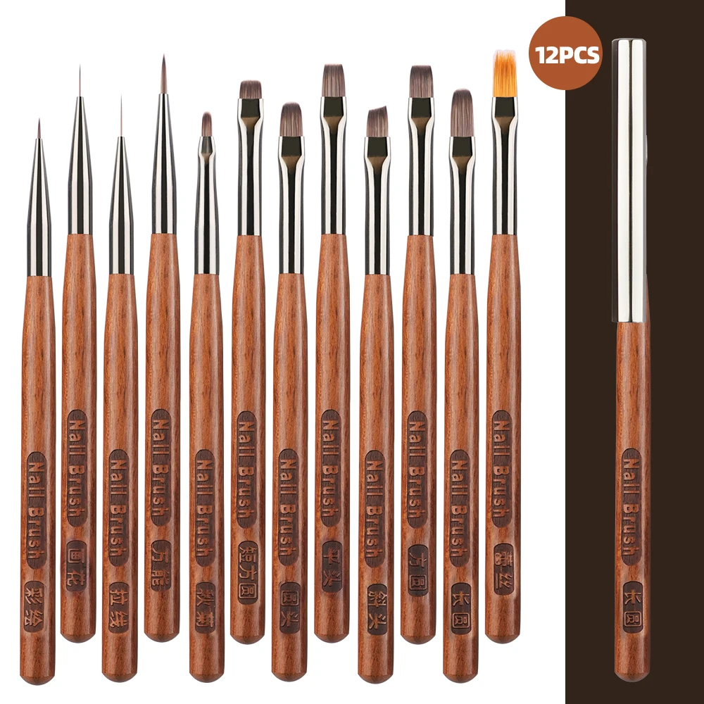 New 12pcs Nail Brush Set With Pen Holder UV Glue Drawing Pen Art Liner Sandalwood Handle Nylon Wool Manicure Wholesale