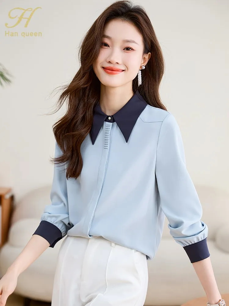 H Han Queen Spring Autumn Long Sleeve Top Elegant Blouses Colorblock Simple Shirt Korean Casual Chiffon Blouse Women Clothing