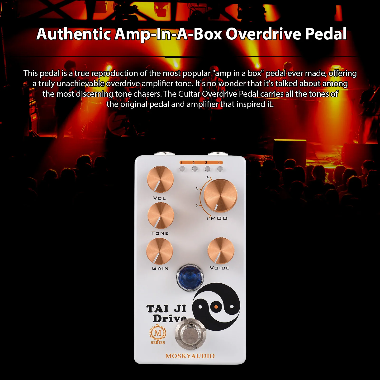 TAI JI DRIVE Guitar Overdrive Effects Pedal Volume/Tone/Voice/4-Mode Knob DC 9V 6.35mm Input/Output Interface Overdrive