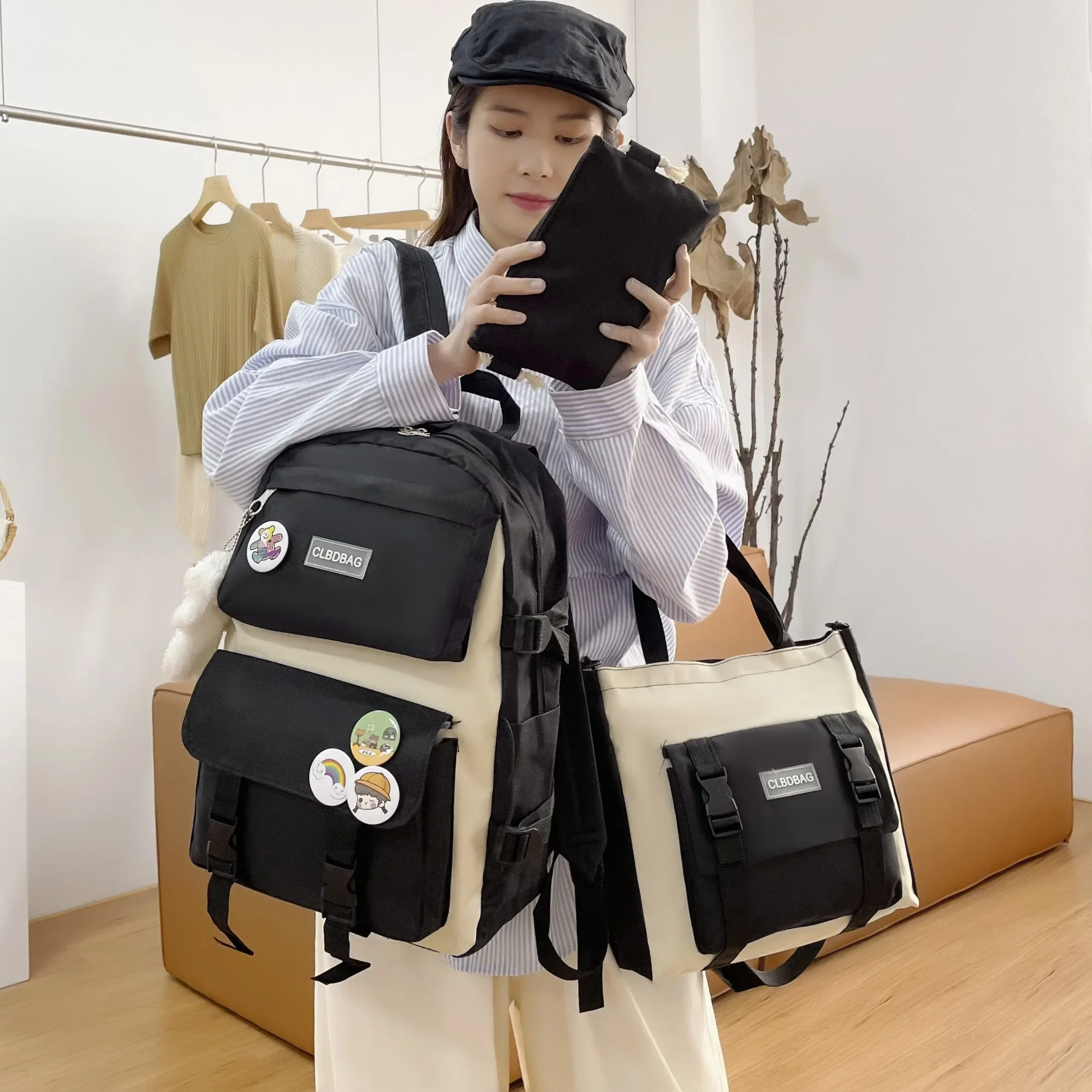 4 Pcs Set Harajuku Women Laptop Backpack Canvas School Bags for Teenage Girls Kawaii College Student Kids Book Bag Rucksack 2021