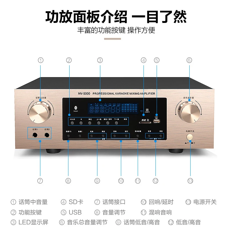 مضخم صوت منزلي 110 فولت، مضخم صوت بلوتوث رقمي احترافي لمسرح KTV