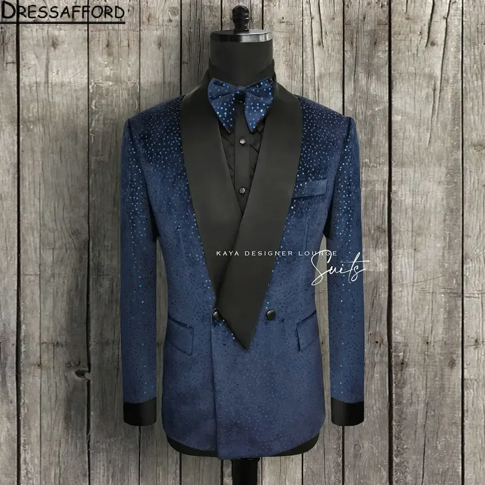 Blue Sequined Men Suits Groom Wedding Tuxedos 2 Pieces Sets Dinner Prom Blazers Terno Masculino Completo