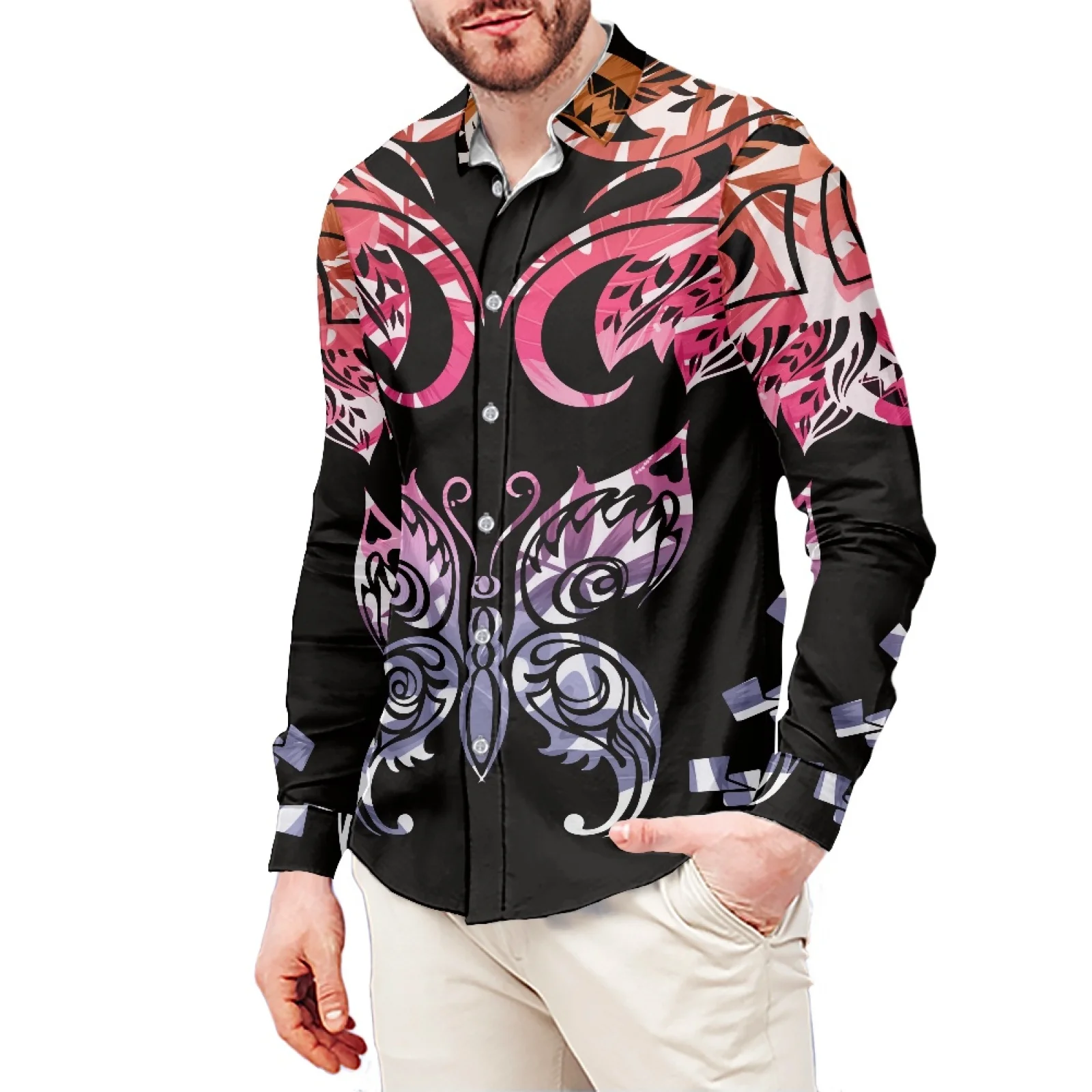 

Butterfly Print Polynesian Hawaiian Casual Sport Style Men's Shirt Stand-Up Collar 6XL Slim Long Sleeve Men's Shirt Winter