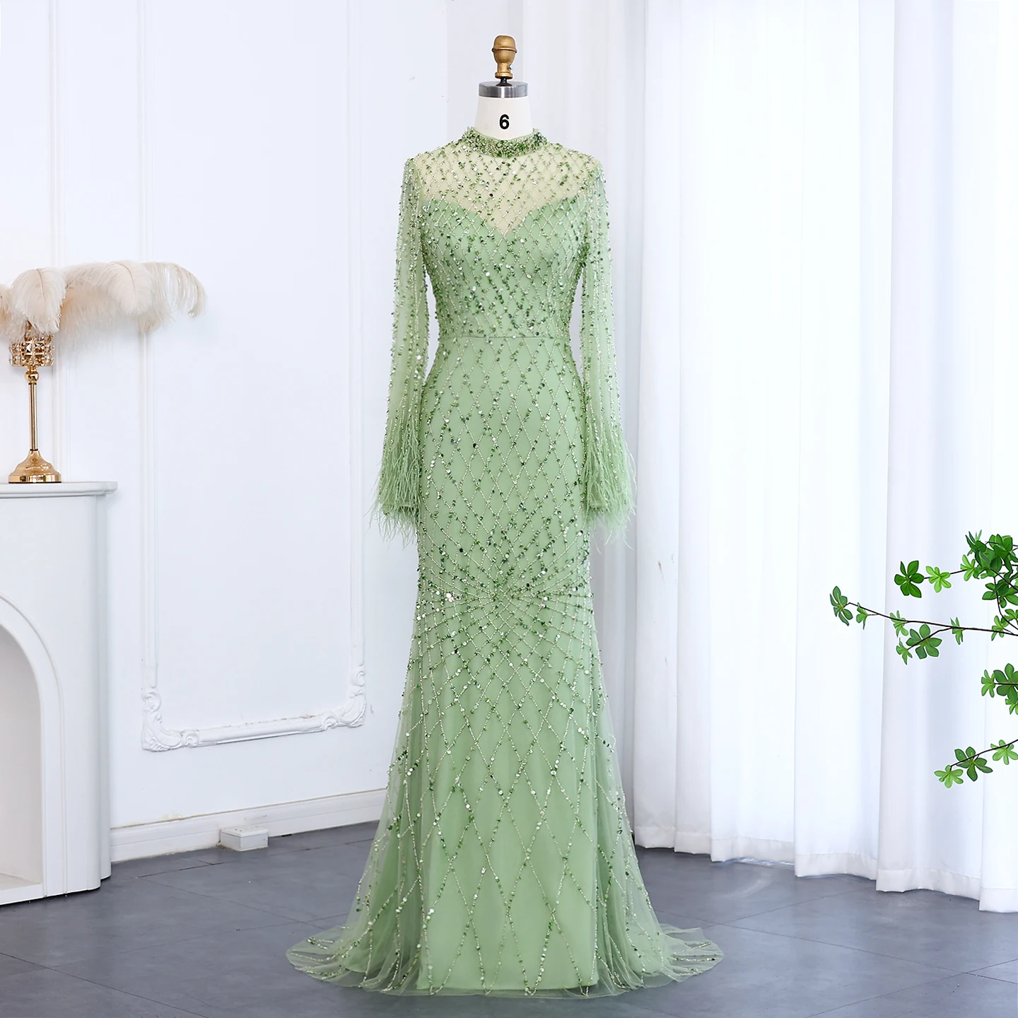 

Sharon Said Luxury Beaded Feathers Sage Green Evening Dress Long Sleeves Elegant High Neck Nude for Women Wedding SS144 Custom