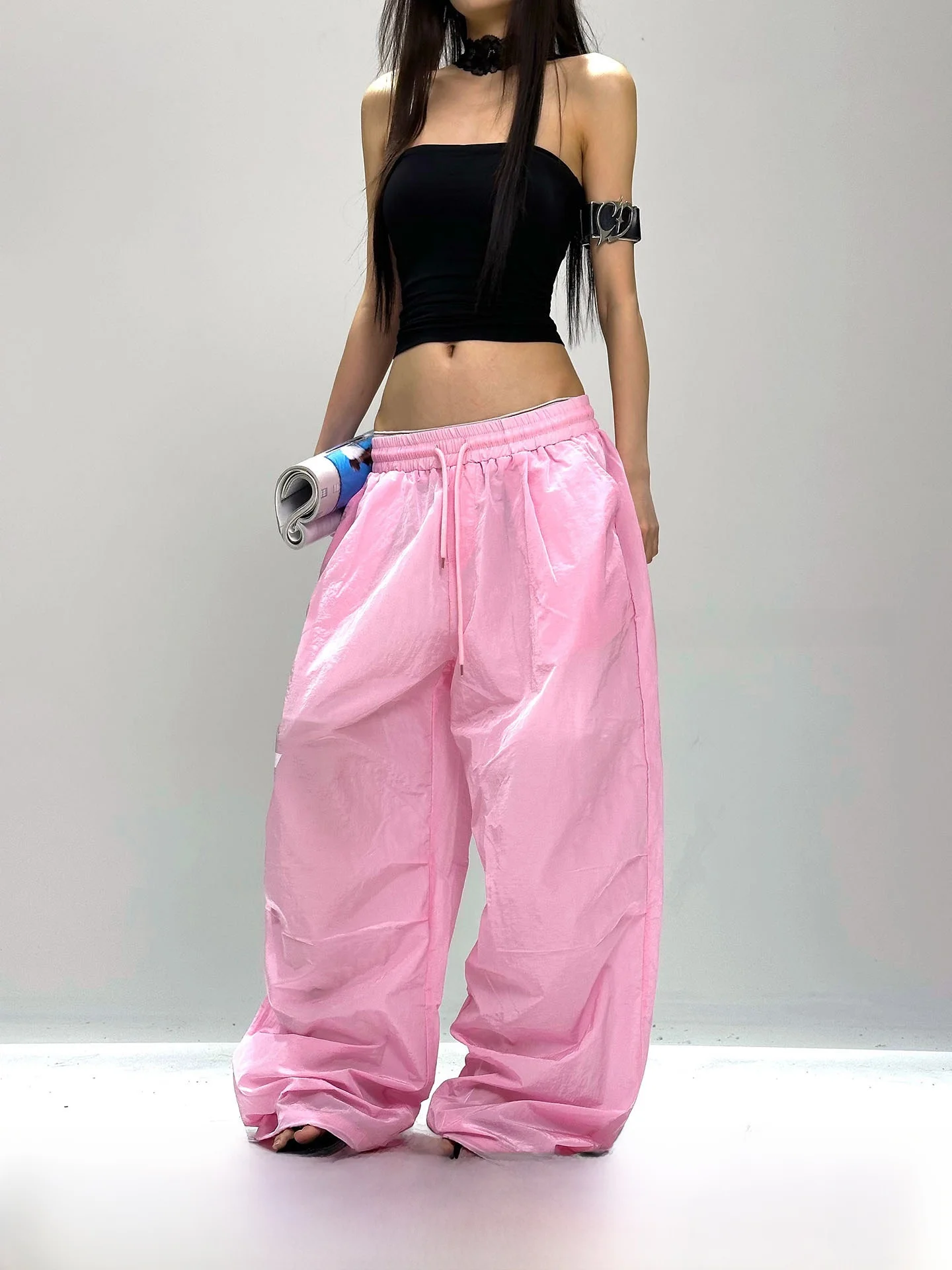 

CCUP SPACE Pink American Design Qui Dry Thin Wide Leg Long Pants See tough Casual Loose Fit Trousers for Women