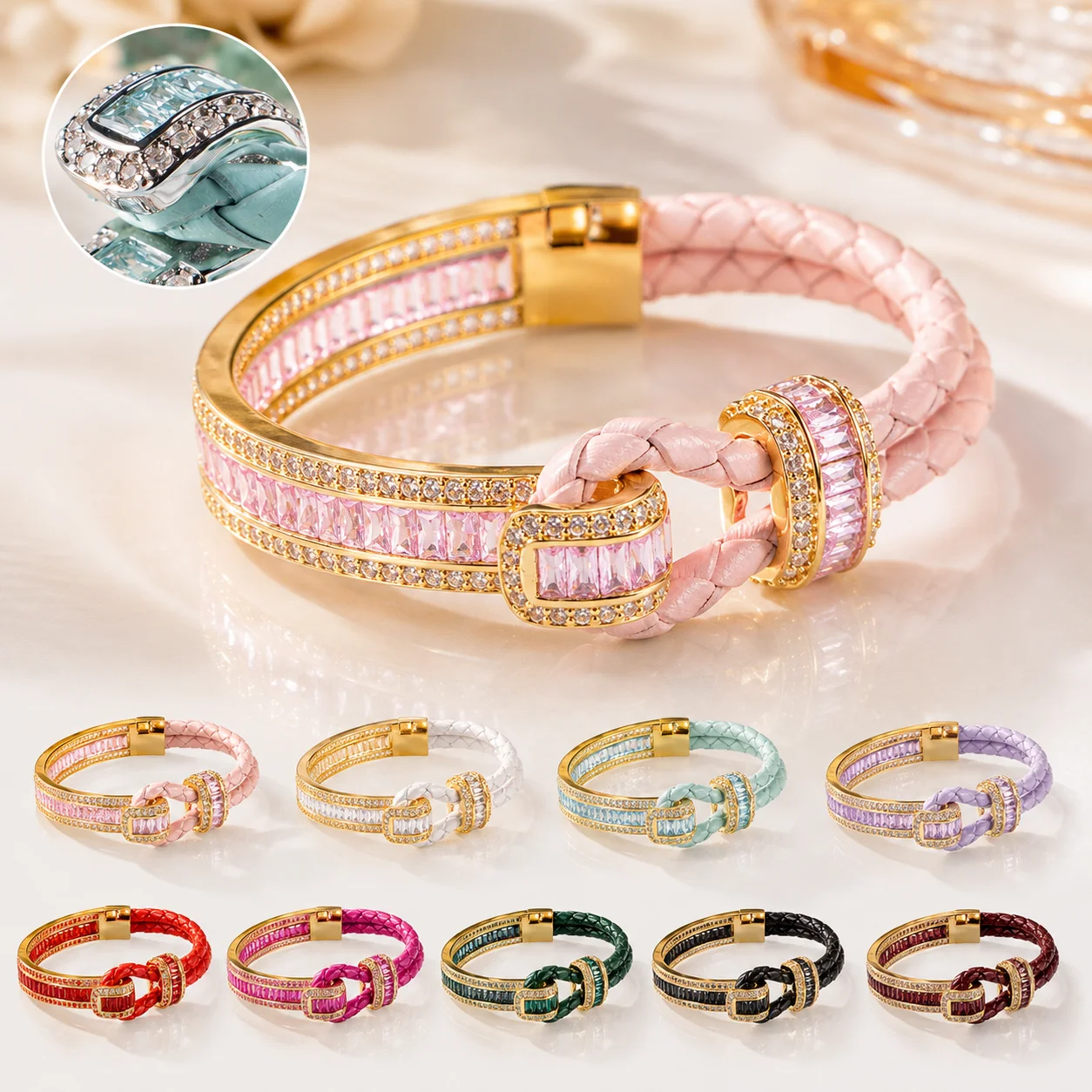 1 Stück geflochtenes Armband mit Hufeisen-Schnalle für Damen, trendiges Armreif mit Strasssteinen, modischer, stapelbarer Handgelenkschmuck, Geschenk für den täglichen Gebrauch. – Detail 3